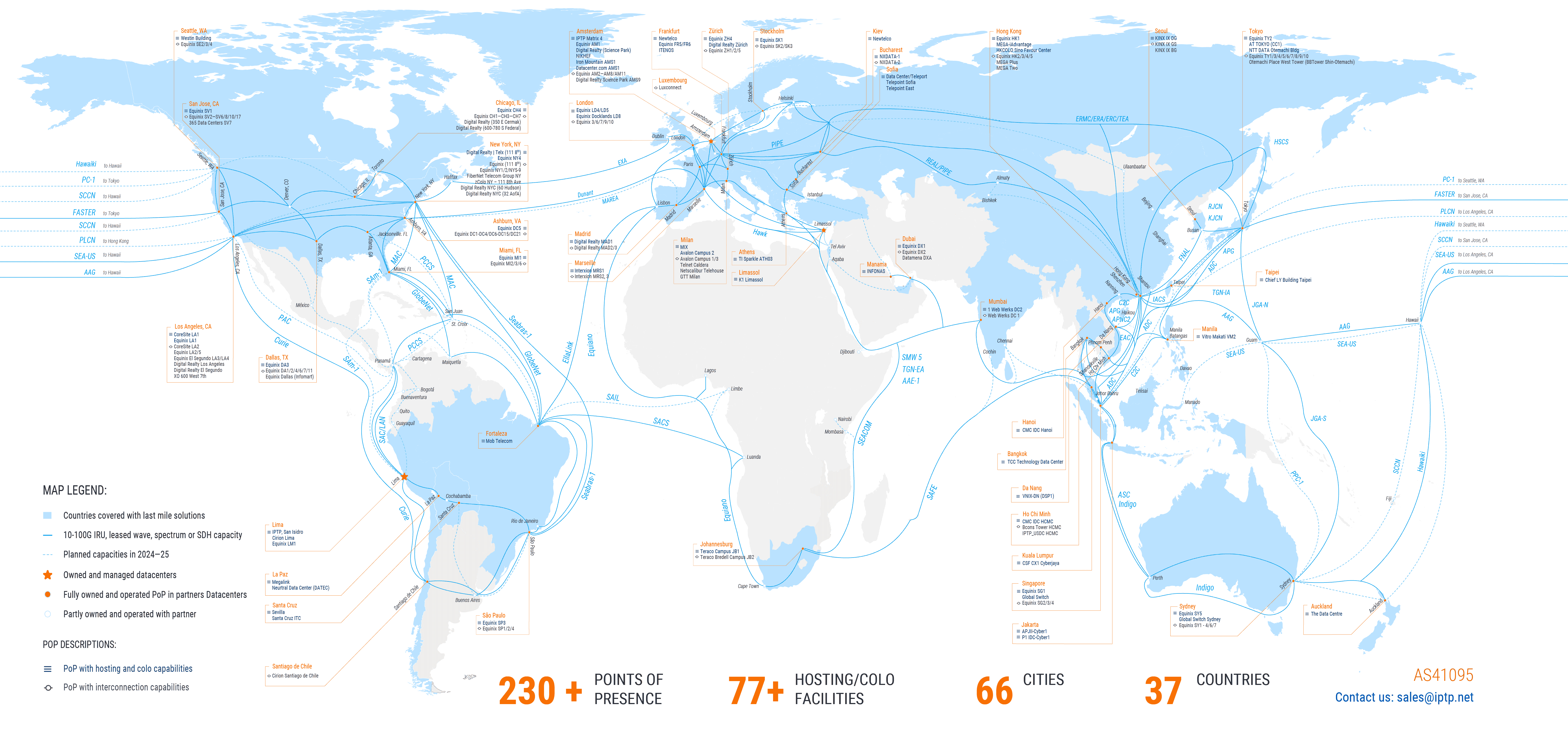 IPTP Networks global Points of Presence map — network coverage across Americas, Europe, Asia-Pacific, and Middle East