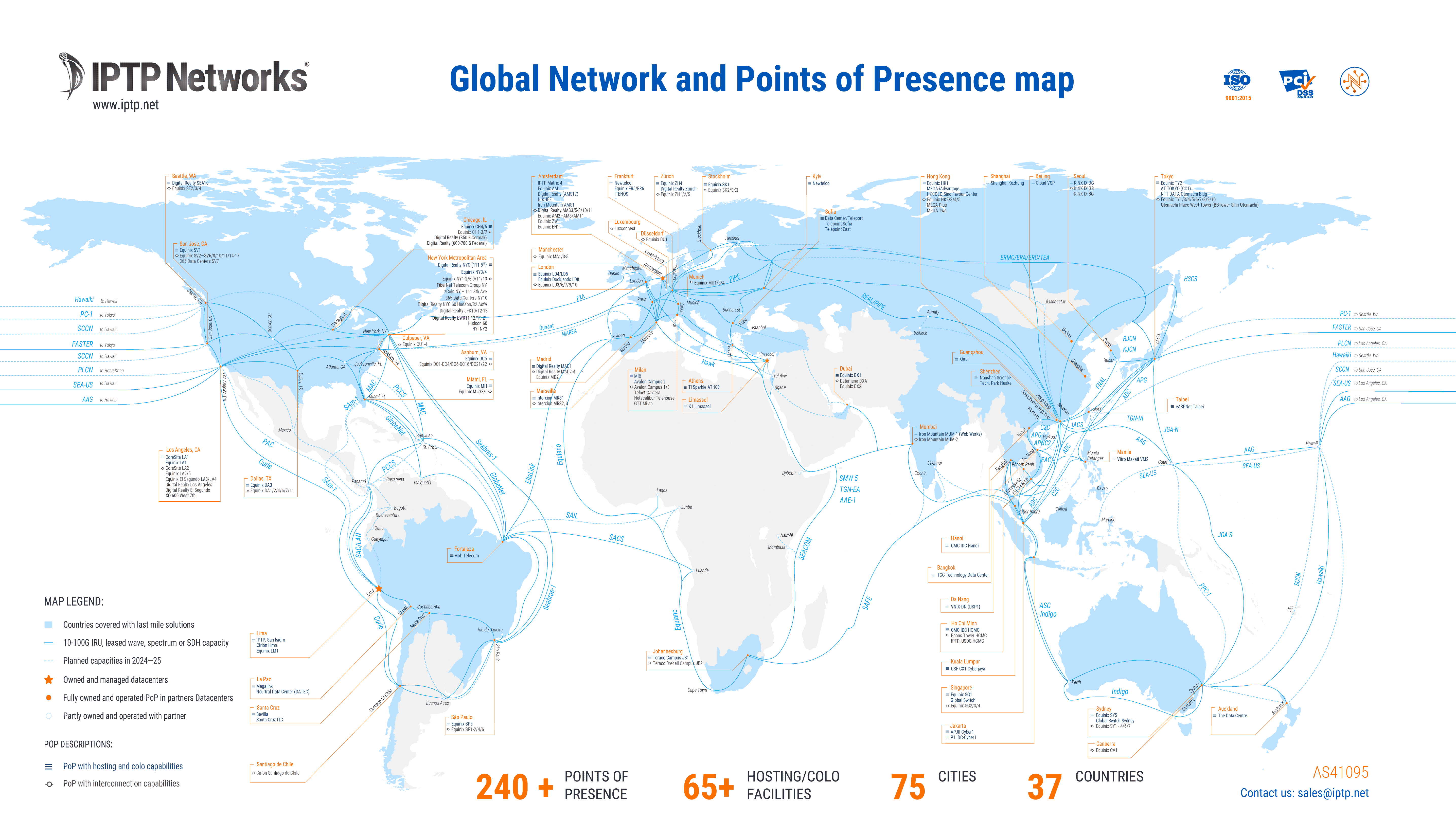 IPTP Networks global Points of Presence map — network coverage across Americas, Europe, Asia-Pacific, and Middle East